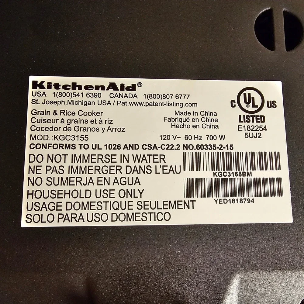 KitchenAid Grain and Rice Cooker Matte Black KGC3155BM 700W 4-Cup Capacity